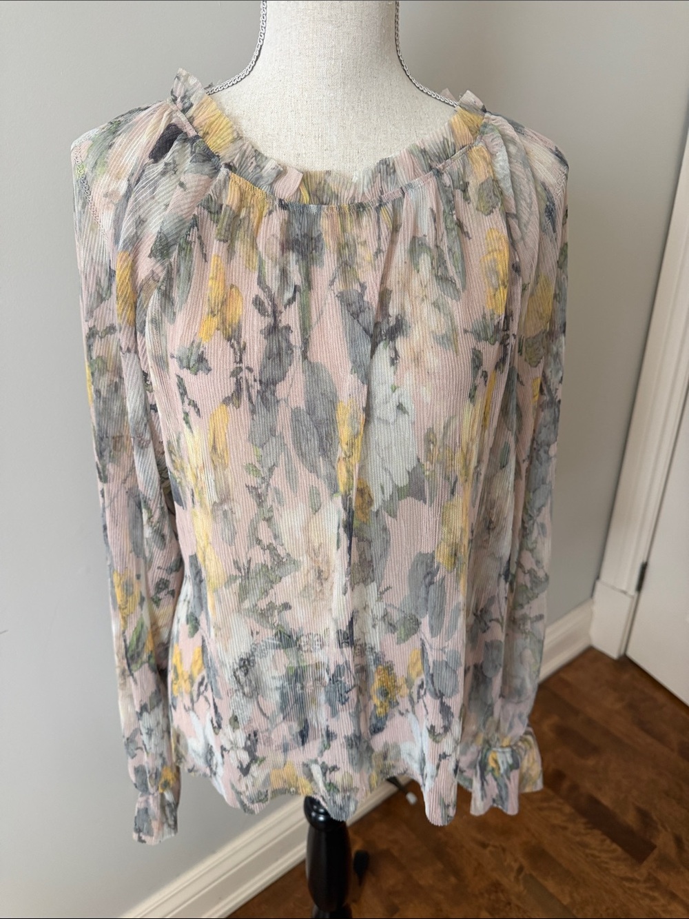 Anthropologie Floral Pleated Blouse - Pink, Yellow & Gray
